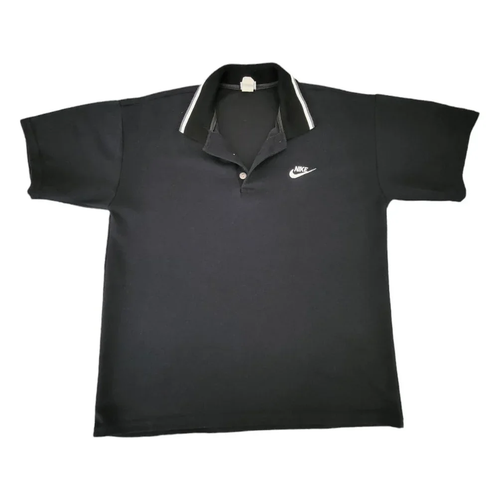 Vintage Men's Nike Embroidered Big Swoosh Polo Black‎ Shirt 90s Short Sleeves